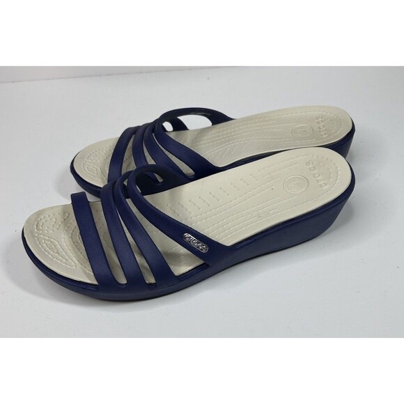 Crocs Rhonda Women’s Size 11 Strappy Sandals Wedges Slip On Waterproof Navy - Picture 1 of 8